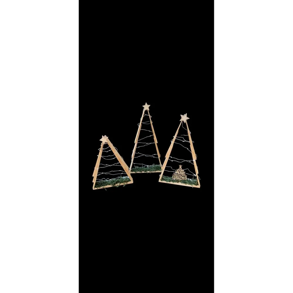Set of‎ 3 Rustic Wooden Christmas Trees with Lights, 10, 13.5, 15 in. Heights